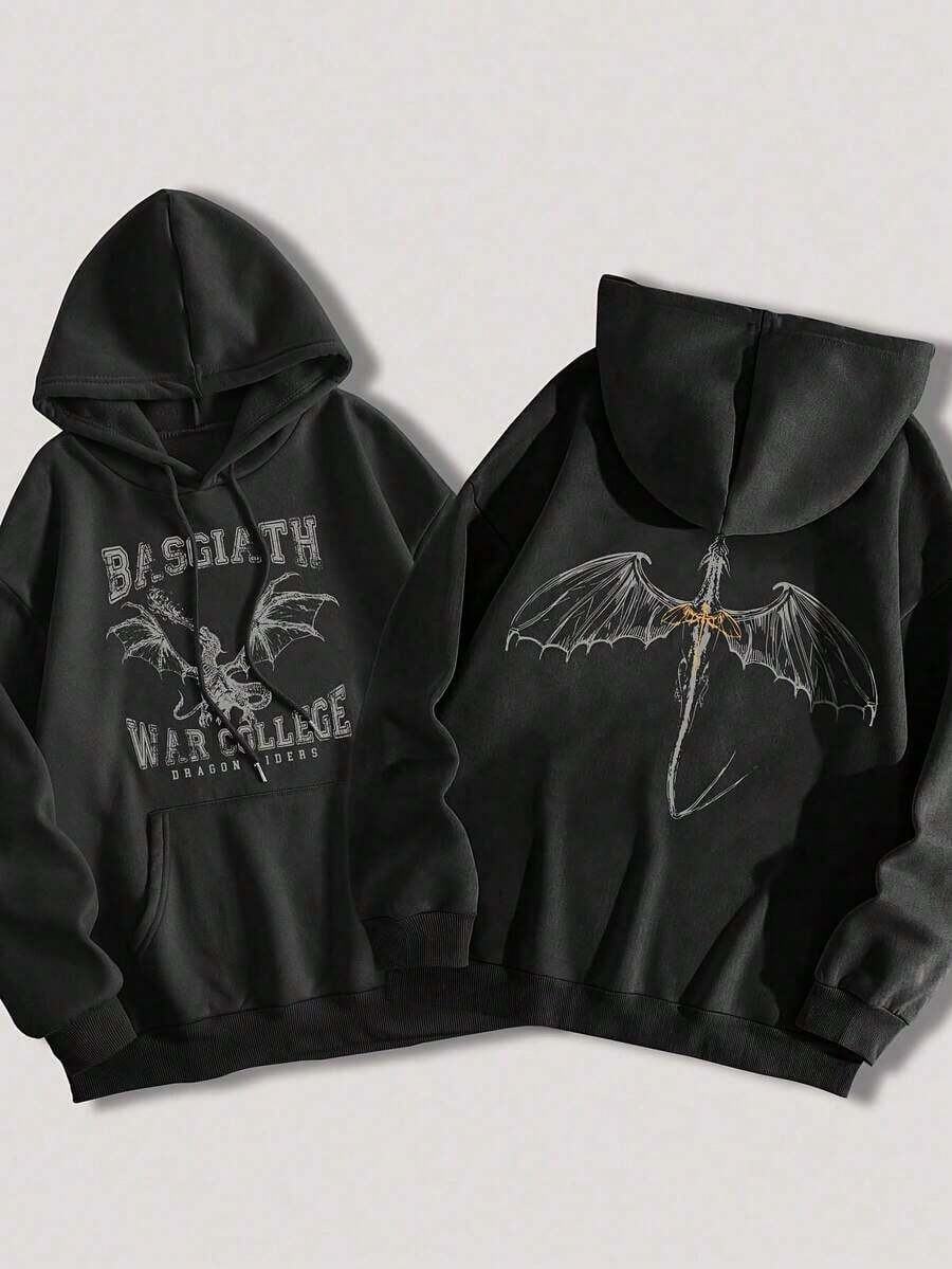 Women's Casual Fourth Wing Print Hooded Long Sleeve SweatshirtWarm And Comfortable - Black - View 1