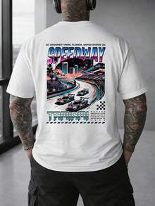 男士街头风赛车印花宽松T恤 - 白色 - 查看 8