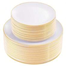 Bộ 1 đĩa bánh/tráng miệng tròn viền vàng đế trắng, bao gồm (đĩa nhỏ 7.5 inch/10.25 inch) và đĩa salad trái cây cao cấp, có thể tái sử dụng và dễ vệ sinh. Lý tưởng cho đám cưới, Ngày Valentine, sinh nhật và các buổi họp mặt ngày lễ. - Nền trắng - Xem 1