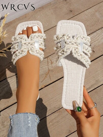 WRCVS 女士刺绣编织平底拖鞋，波西米亚风格图案凉鞋，适合派对、度假、户外活动和夏季穿着