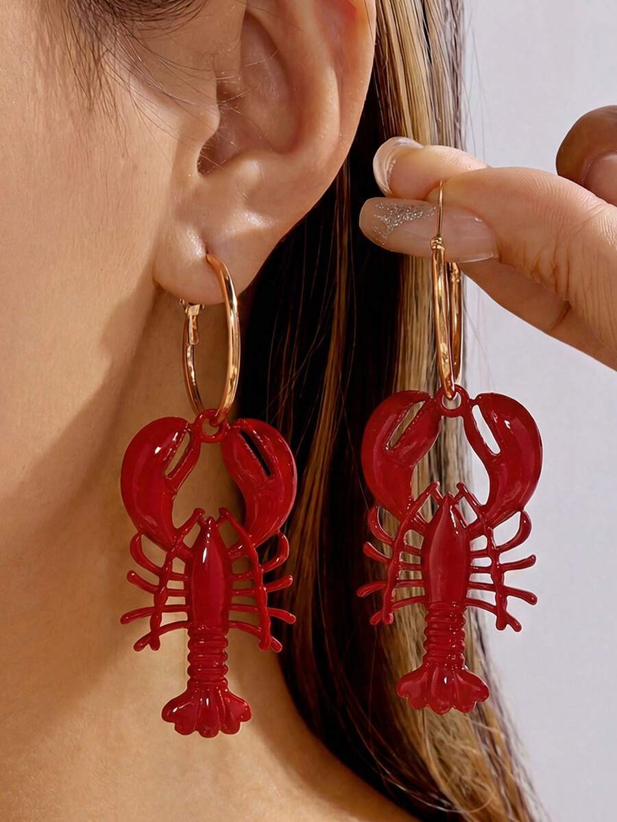 Pendientes con diseño exagerado de imitación de langosta con estilo de vacaciones - Diseño creativo para pendientes con estilo de playa - Rojo - Ver 1