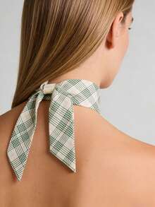 1件装女士绿色格子扁平珍珠真丝围巾项链，独特设计，可调节布艺颈链配饰 - 綠色細格紋(扁珠) - 查看 6