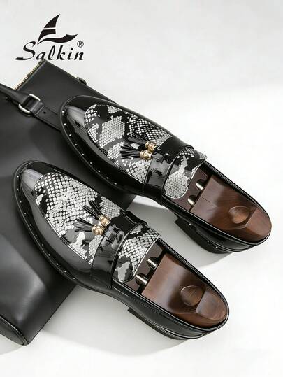 Salkin Classic Retro Style Men's Formal Leather Slip-On Loafers, Tasseled Elegant Gentleman Dress Shoes For Business, Commute, Social Occasions. Snakeskin Print, Solid Color, Simple Suit Style, Soft & Comfortable. Fish Scale Leather Upper, Rubber Sole. Suitable For Middle-Aged, Young, Students, Graduation Ceremony, Office, Party, Wedding, Groom, Daily Casual Wear. Unisex Gift, Date Night, Banquet. Runs Small, Please Order One Size Up For Plus Size Men.