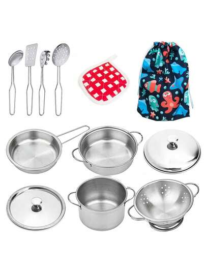 16 Stück Edelstahl Mini Küchen Spielzeug Set, Kinder Rollenspiel Kochspielzeug, realistisches Backspielset, robustes Material, perfektes Geschenk zu Weihnachten, Thanksgiving, Kindergarten Unterricht, Kindergeburtstag