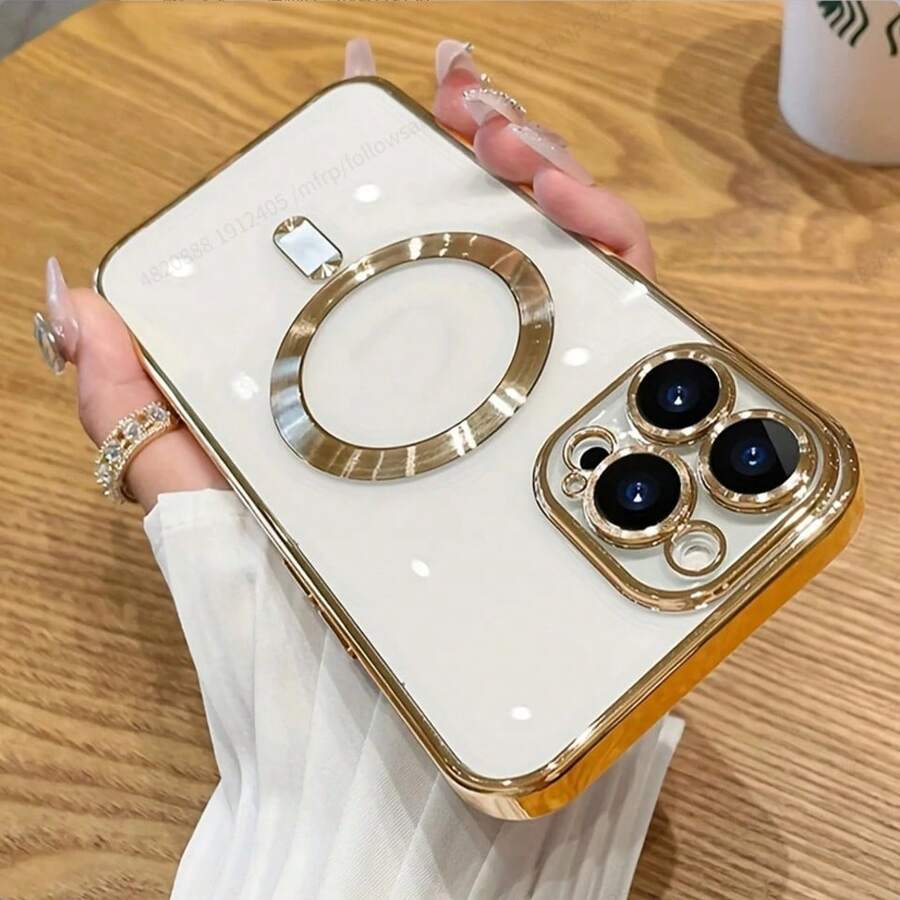 1pc Glossy Electroplated Magnetic Lens Protective Case Compatible With IP17 Air, 17 Pro Max, 11, 12, 13, 14, 15, 16 Pro/Pro Max, S22, S23, S24, S25 Ultra, A54, A55, Supports Wireless Charging - Gold - View 1