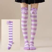 Women Thigh High Stockings Stylish Comfortable Striped Pattern Bow Decorative Socks For Daily Cosplay Party - Pink - View 1