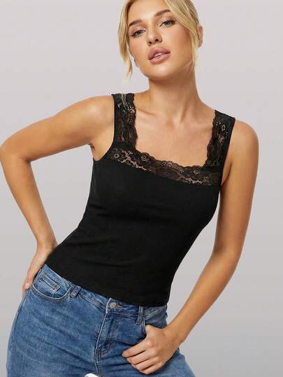 1pc Women Black Solid Color Lace Trim Decor Square Neck Sleeveless Camisole Tank Top