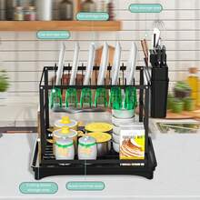 HanTai 2-Tier Dish Drying Rack, Space-Saving Carbon Steel Kitchen Drainer With Drainboard & Cup Holder, Multifunctional Organizer For Countertop - Stylish Black Design - View 7