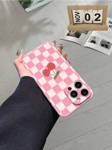 1pc Minimalist Plaid Cherry Pattern Shockproof Protective Phone Case, Compatible With IPhone/ Galaxy/HONOR, Fashionable And Stylish Choice - Pink - View 4