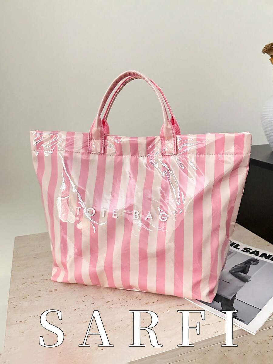 时尚独特条纹撞色女士手提包，现代撞色单肩包，防水PVC沙滩包，适合夏季，轻便大容量托特包，适合度假，轻便魔术贴多功能沙滩包；耐磨防水PVC女士单肩包，适合送礼、购物、约会、通勤、摄影、度假旅行 - 粉色 - 查看 1