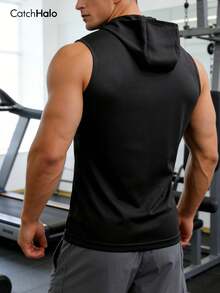 Men's Hooded Vest, Black Ombre Geometric Pattern Sportswear, Sleeveless Drawstring Hoodie, Breathable Mesh Fitness Training Top - Black - View 2