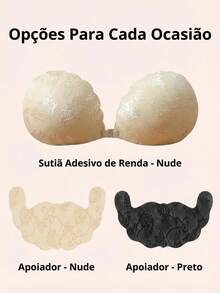 Women's Silicone Adhesive Bras With Floral Lace Design – 1 Reusable Pair With Lifting Effect + 2 Pairs Of Nipple Lifting Adhesives, Natural Push-Up, Invisible For Low-Cut Necklines And Strapless Dresses – Women's Lingerie Accessories, Colors: Nude And Black - 彩色 - 查看 7