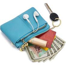 ZOOEASS - cartera de piel genuino con cierre para mujer, con llavero y triple cierre, tarjetero - Menta, azul - Ver 3