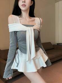 Blusa de manga larga con hombros descubiertos y encaje, blusa con capas para primavera y verano - Gris - Ver 1