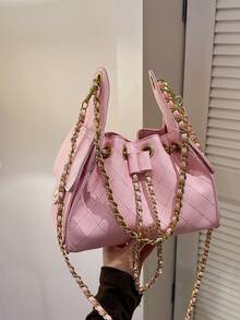 Bolso cuadrado pequeño de mujer con bordado de rombos, bolso bandolera tejido de cadena doble - Rosa - Ver 2