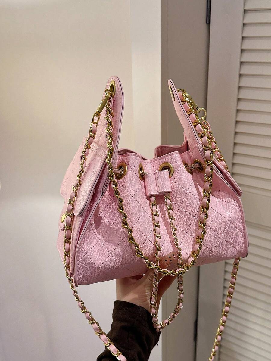 Bolso cuadrado pequeño de mujer con bordado de rombos, bolso bandolera tejido de cadena doble