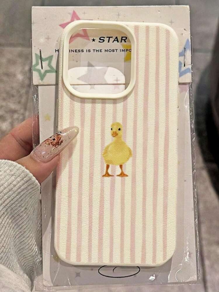 1pc Creative Pink Striped Cute Duck Pattern Matte Textured Full Coverage Lens Protection TPU Fashionable Phone Case Compatible With Apple 11 12 13 14 15 16 17 Pro Max, A56/55/54/53/52/51, S25/24/23/22/21 Series, Shock-Proof Protective Cover,International Version, Not The Domestic Version - Multicolor - View 2