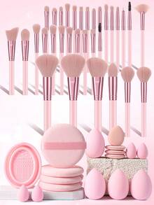 49件套化妆工具套装，包含：32支化妆刷套装+1个化妆刷清洁工具+4个圆形粉扑+4个化妆海绵+4个迷你气垫粉扑+4个迷你化妆海绵，一应俱全，新手友好 | 方便旅行携带，送礼佳品 | 新手/女性的完美之选 - 彩色 - 查看 1