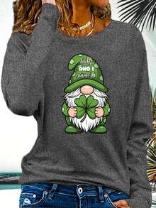 Soft Gray St. Patrick's Day Gnome Pattern T-Shirt |   Long-Sleeved Round-Neck Top, Casual Holiday T-Shirt, Women's Loose Fit, Lucky Clover Design,  St. Patrick's Day Outfit, Cool - 灰色 - 查看 7