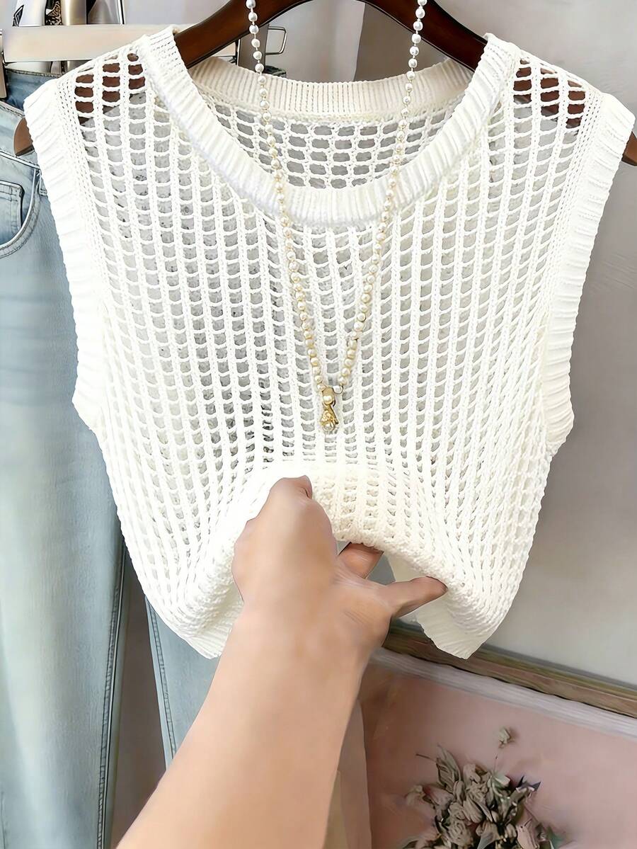 Thời trang Xuân/Hè dành cho nữ: Thanh lịch, hiện đại, phong cách thành thị, đi biển, nghỉ mát, thường ngày, tối giản. Áo dệt kim không tay cổ tròn màu trắng; Áo khoác ngoài mùa hè, trang phục mùa hè, áo khoác ngoài dự tiệc cho nữ, đồ đi biển cho nữ, áo khoác ngoài cho nữ, áo khoác ngoài dự tiệc thanh lịch, đồ đi nghỉ lễ cho nữ, áo thường ngày cho nữ, áo trắng. - trắng - Xem 1