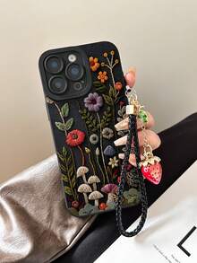 Minimalist Black Flower Elements 3D Embroidery Texture Mushroom Pattern Fashion Phone Case Floral Painted Perforated Black Painted With Strawberry Rope Creative Anti-Drop Phone Case Compatible With IPhone 17/17 Pro/17 Pro Max/16/11/16 Pro/16 Plus/16 Pro Max/16e/15 Pro Max/13/14/12/XS/XR/7G/8P, Galaxy 11/12 Pro/12/12X/13 Pro/14 Pro/15 Pro/X3 Pro, 10/9/Note 9/12C/Note 11 Pro/Note 8 Pro/9C/9A Spring Birthday - Multicolor - View 2