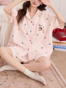 2pcs Women Pajama Set, Short Sleeve Cardigan And Shorts, Skin-Friendly Sleepwear For Summer - Pink - View 6