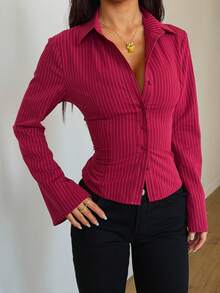 女士长袖方领梭织衬衫，常规版型上衣 - 酒紅色 - 查看 5