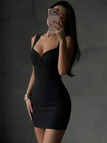 夏季时尚性感优雅吊带V领迷你修身绷带连衣裙，黑色，适合夜间外出、鸡尾酒会等场合，春季女装 - 黑色 - 查看 3