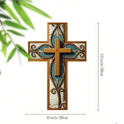 1 件优雅复古木质十字架壁挂 - 20.32x30.48 厘米，精致的蓝金装饰，非常适合客厅、卧室、教堂装饰，或万圣节、圣诞节、复活节、感恩节等特殊节日，家居装饰，木质墙饰