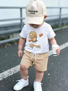 Conjunto informal de camiseta de manga corta con cuello redondo y estampado de dibujos animados, y pantalones cortos para niño pequeño, adecuado para uso diario en verano - Blanco - Ver 2