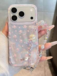 可爱蝴蝶结花朵手机壳，兼容 17 Pro Max、17 Pro、17、17 Air、16 Pro Max、16 Pro、16、15 Pro Max、15 Pro、15 Pro Max、15、14、13、12、11，奢华水钻珍珠手链式防震手机壳 - 粉色 - 查看 1