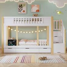 Bunk Bed, Children's Bed, Wardrobe With Ladder And Storage Function, Three Drawers With Wheels, Small Drawing Board, Pine + MDF + PB + Plywood, White + Natural, 90x200cm - 1 - View 6