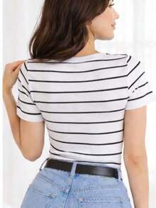 Women's Basic Ribbed Cotton Striped Blouse - White. - View 3