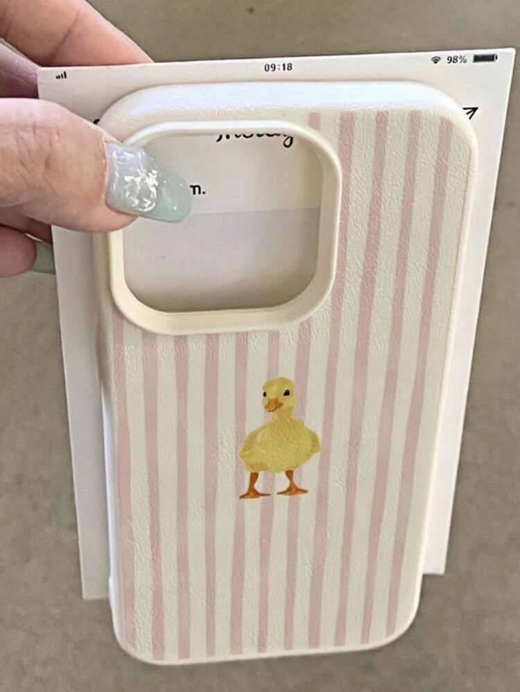 1pc Creative Pink Striped Cute Duck Pattern Matte Textured Full Coverage Lens Protection TPU Fashionable Phone Case Compatible With Apple 11 12 13 14 15 16 17 Pro Max, A56/55/54/53/52/51, S25/24/23/22/21 Series, Shock-Proof Protective Cover,International Version, Not The Domestic Version - Multicolor - View 1