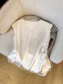 Satin |   Pleated Detail] Satin V-Neck Shirt |   Women's Solid Color With Pleated Detail |   Elegant Drawstring Design For Spring/Summer/Fall - Beige - View 5