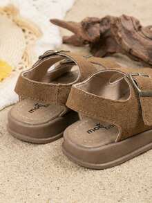 EUR26-37Kids Two-Buckle Tan Suede Slide Sandals, Thick-Soled Vintage Summer Slippers For Play & Outings - Brown - View 4
