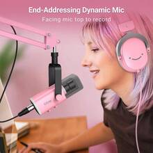 Micrófono de juego FIFINE XLR USB, kit de micrófono dinámico para PC para grabación vocal, podcast y transmisión, con iluminación RGB, jack de auriculares, botón de silencio y soporte para computadora/mezclador - AmpliGame AM8T Rosa - Rosa - Ver 10