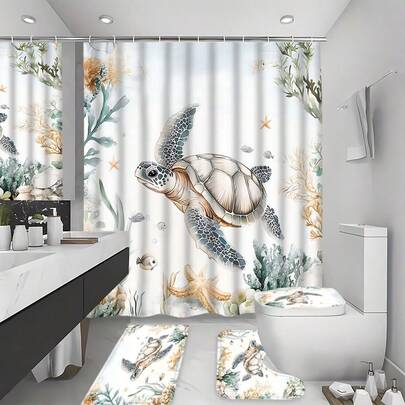 1/3/4pcs Super Soft Bathroom Set, Made Of Flannel Fabric, Soft Surface, Bathroom Non-Slip Mat With Sea Turtle, Coral And Underwater World Printed Pattern, Including Bath Mat, Toilet Mat, U-Shaped Mat And Bathroom Accessories With 12 Hooks, Suitable For Bathroom And Home Decor, Ideal Holiday Gift