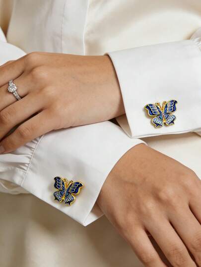 2 piezas Cubierta de botón de mariposa azul esmaltada de moda y de alta gama, clip de cierre, broche de corbata de insecto de lujo ligero, accesorio de mujer, cubierta de puño de ropa de lujo ligera para fiesta de mujer, adecuado para uso diario, regalo de amigo, apariencia de fiesta, regalo familiar