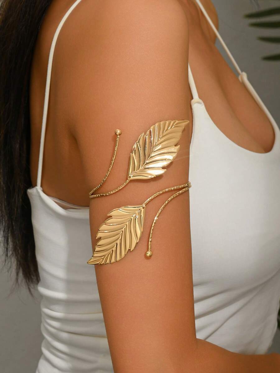 1pc Fashionable Textured 3D Leaf Decor Metal Cuff Bracelet For Women, Minimalist Adjustable Leaf Arm Decoration Suitable For Music Festivals, Parties (Leaf Direction Random) - Gold - View 1