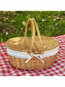 1pc Handmade Picnic Basket, Natural Wicker Basket, Rustic Style Wicker Picnic Basket Gift Basket With Lid, Handle And Lining, Suitable For Picnic, Party And BBQ, Basket, Woven Basket, Wicker Basket, Gift Basket, Wicker Basket, Picnic, Basket With Handle - A - View 9