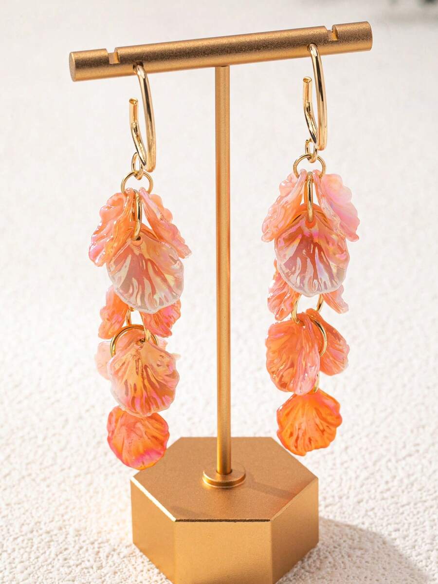 1 Pair Random Ombre Pink Shell Petal Tassel Earrings, Long Tassel Fashion Earrings - Pink - View 1