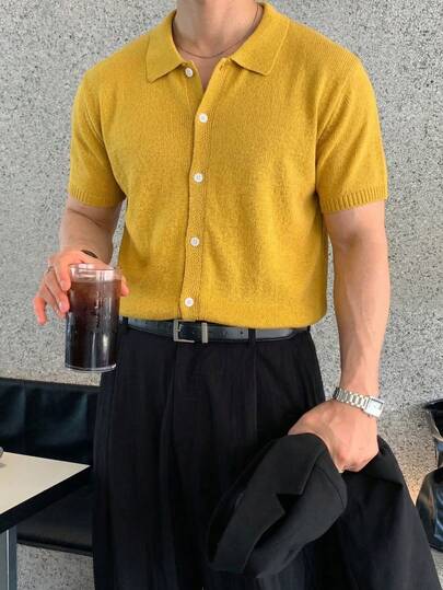 Cárdigan de punto de manga corta con cuello vuelto y ajuste holgado de unicolor para hombre, de textura suave y cómoda, para primavera/verano