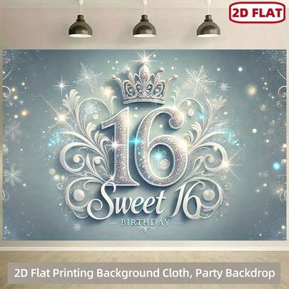 2D平面甜蜜快乐16岁生日背景横幅，明亮的涂鸦泼墨设计和霓虹数字，耐用的涤纶纤维工作室背景，适合室内和室外派对周年纪念毕业典礼横幅背景，多种尺寸和场景可供选择。