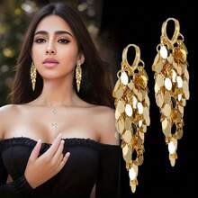 1 Pair Of Charming Women's Shiny Pendant Earrings, Latest Fashion Jewelry, High-Quality Iron Leaf-Shaped Tassel Earrings, Exquisite Party Accessories, Ideal Birthday Gift - 金色 - 查看 2