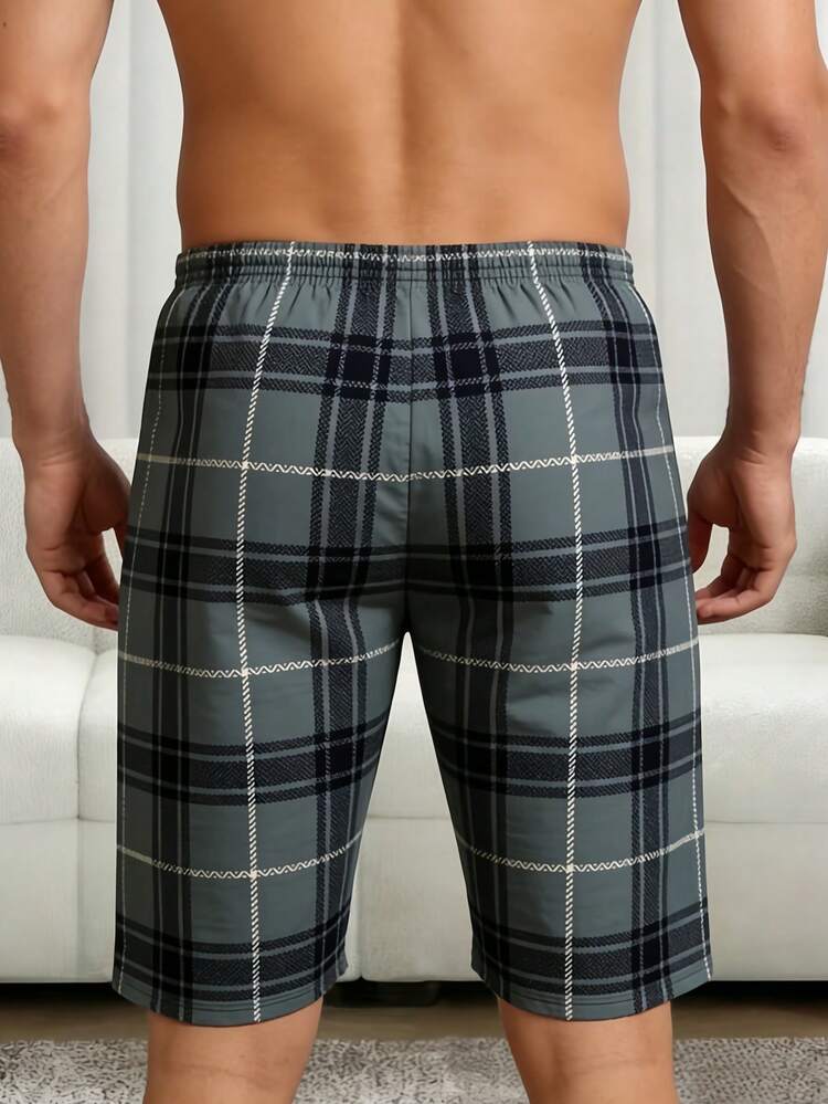 男士夏季轻薄休闲短裤三件套，简约撞色格纹印花，舒适家居服下装 - 彩色 - 查看 4