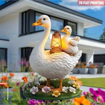 2D立体鸭妈妈和小鸭花园装饰品 - 无需用电，安装简便 - 白色鸭子草坪和庭院装饰品，适合农舍或现代家居装饰 - 耐用塑料材质，节日装饰品