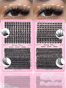 620Pcs DIY Cluster Eyelash Extensions Kit T50+A04+50D+60D Mixed Tray Natural Fluffy Wispy Individual Lashes With Bond Seal Tweezers For Beginners - Black - View 6