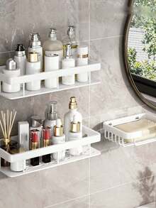 1pc Or 2pcs No Drill Adhesive Wall Mounted Shower Caddy, Space-Saving Slim Design, Large Capacity Open Storage, Multi-Function Floating Organizer Rack, Ideal For Bathroom Use - White - View 3