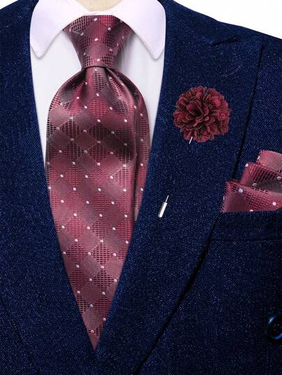 Bộ cà vạt nam màu đỏ rượu vang kẻ caro kèm khăn cài túi và khuy măng sét, cà vạt cao cấp dành cho các dịp trang trọng.